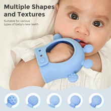 Blue diver silicone wrist teether with textured bumps, held by a baby