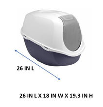 Enclosed cat litterbox, white top and navy bottom; size 26 x 18 x 19.3 in.