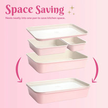 Pink ceramic nonstick 4-piece nested bakeware set with pans that stack for storage