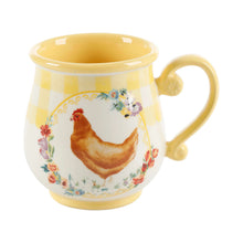 Stoneware mug with yellow glaze, chicken graphic, curved side handle