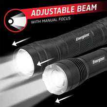 Two black tactical flashlights with adjustable focus beam