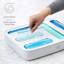 White 5-slot food bag dispenser with removable lid and colored slot bars