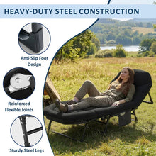 Heavy-duty folding camping cot with black padded cushion, reinforced steel legs and anti-slip feet