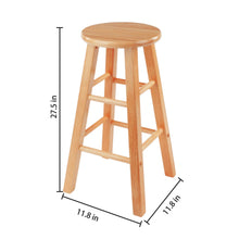 Natural wood backless counter stool, round seat with angled legs and footrest