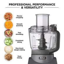 Gray food processor with clear bowl, control buttons, and one-tap processing dials