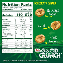 Nutrition facts panel and banana ingredient callouts on banana bites snack
