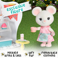 Mouse figure in pink striped dress holding tray next to bakery dollhouse