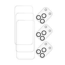 Clear tempered glass screen and camera protector pieces with lens cutouts