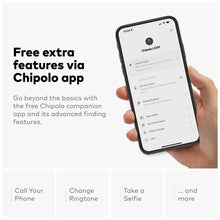 Smartphone showing Bluetooth tracker app held with black loop tracker