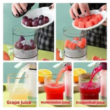 Automatic citrus juicer shown making grape, watermelon, and dragonfruit juices