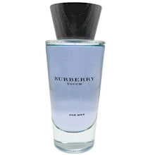 Eau de toilette bottle, light blue glass with black cap and Burberry Touch label.