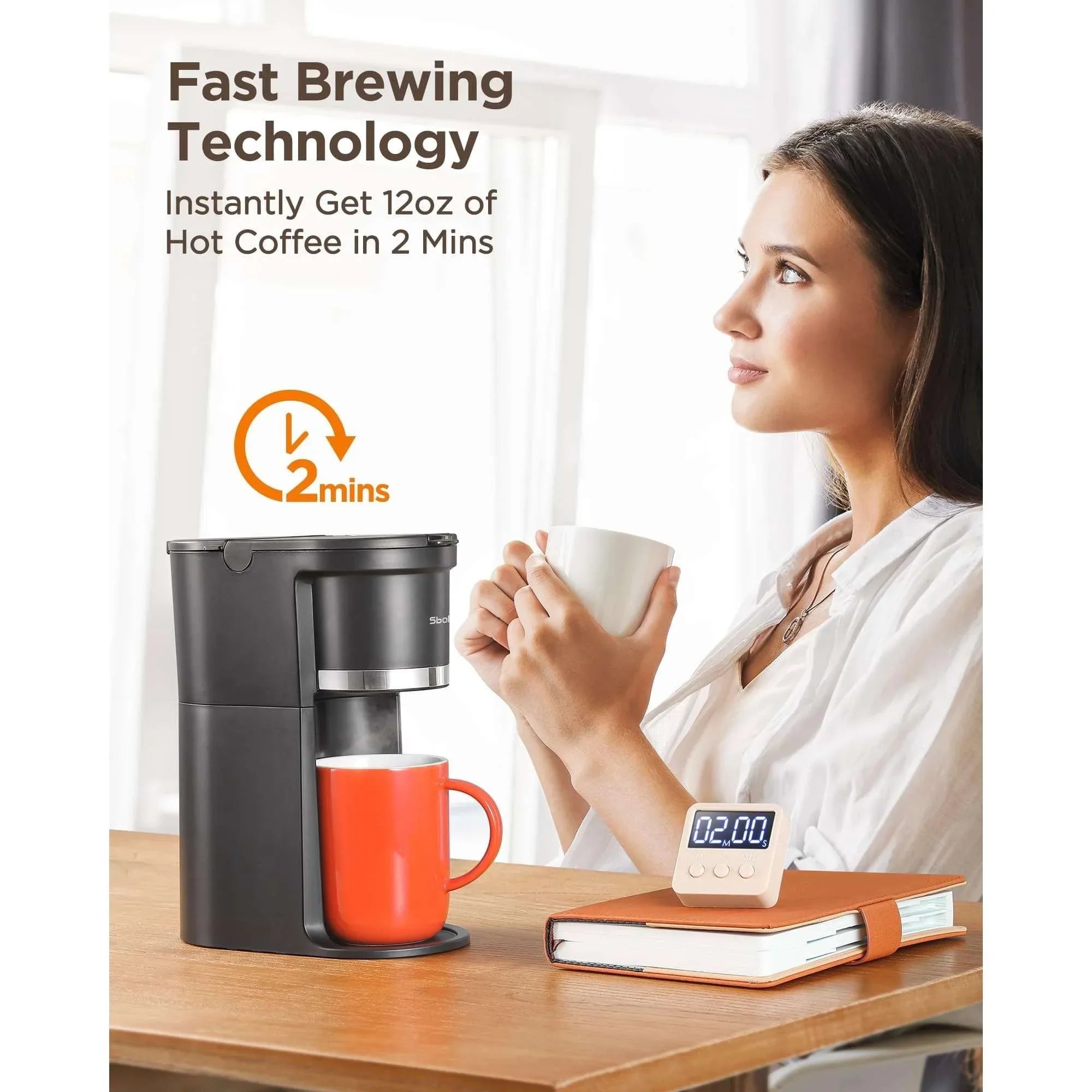 Sboly Mini Single Serve Coffee Maker, Instant Coffee Maker One Cup for K Cup & Ground Coffee, 6 to 12 oz Brew Sizes, Capsule Coffee Machine with Water Window and Descaling Reminder, Black - USA MEGA SHOP