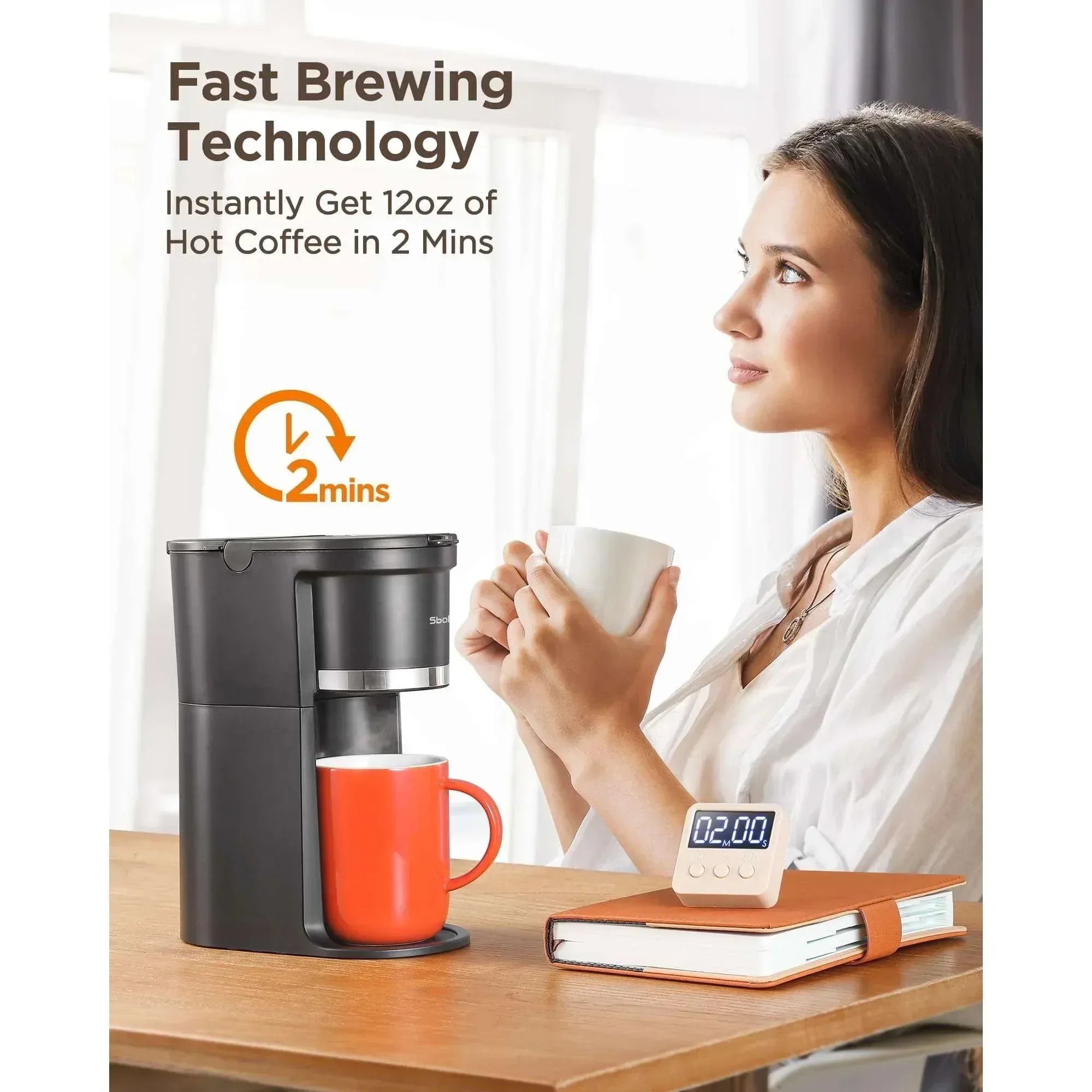 Sboly Mini Single Serve Coffee Maker, Instant Coffee Maker One Cup for K Cup & Ground Coffee, 6 to 12 oz Brew Sizes, Capsule Coffee Machine with Water Window and Descaling Reminder, Black