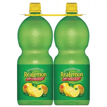Front view of two Realemon 100% lemon juice bottles with yellow caps and green labels