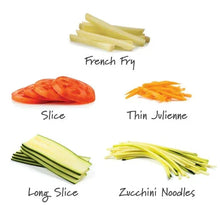 Adjustable chef’s mandoline slicer with vegetable cutting guide for fries, slices, and noodles