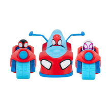 Three Spidey-themed racer vehicles in red and blue, front view with eye graphics