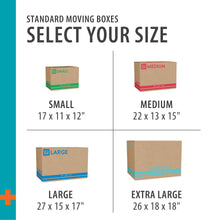 Moving boxes size chart showing small 17 x 11 x 12 in and other sizes