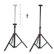 Pair of adjustable tripod stands showing different extended heights, black with red locks
