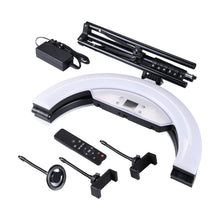 Foldable ring light kit parts: LED ring, tripod arms, phone mounts, and remote