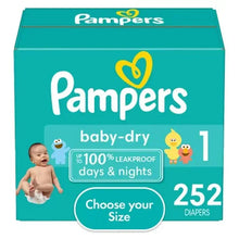 Pampers baby-dry diapers box with size 1, 252-count label