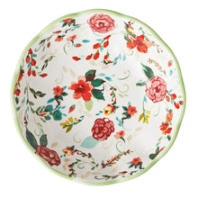 Ceramic pasta bowl, mint green rim with rose and flower motif