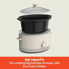 bella 6 Qt Manual Slow Cooker with 3 Temperature Settings, Ceramic Nonstick Coating, Dishwasher Safe Stoneware Pot & Tempered Glass Lid, Oatmilk