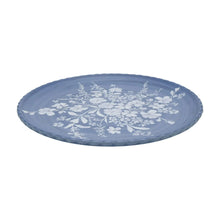 Blue floral melamine dinner plate with daisy pattern and scalloped edge