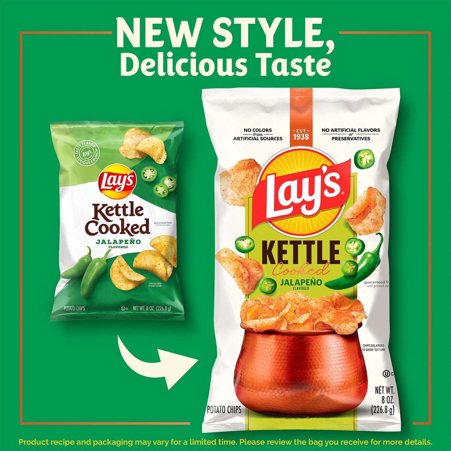 Lay’s Jalapeno Kettle Cooked Potato Chips Bag, 8 oz
