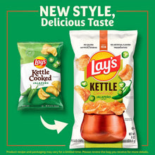 Kettle cooked jalapeno potato chips bag with Lay's Kettle Cooked label and green peppers