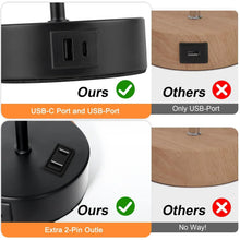 Table lamp base close-up with dual ports and 2-pin outlet for charging.
