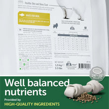 Dry dog food information panel with “White Fish Meal” label and feeding chart details