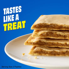 Stacked protein toaster pastries on plate with 'tastes like a treat' text