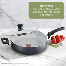 Dark ceramic non-stick jumbo sauté pan with clear glass lid and side handles