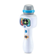 White karaoke microphone toy with blue ring and gray speaker top, rounded front control panel