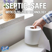 Scott toilet paper roll on shelf, hands holding sheet, white tissue