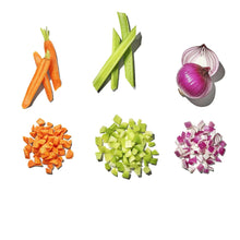 Chopped vegetable pieces for the food chopper: carrots, celery, and red onion