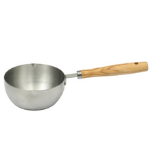Large stainless steel measuring cup with olivewood handle and metal connector