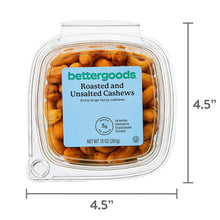 Roasted unsalted cashews container with blue label, shown with 4.5 inch size markers