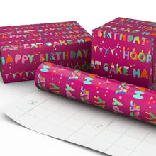 Birthday wrapping paper roll with pink festive pattern, colorful birthday, cake and party icons
