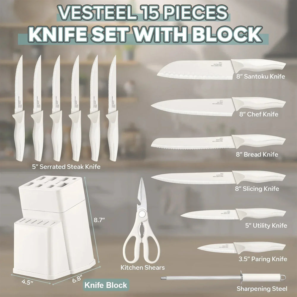 Vesteel Knife Set for Kitchen with Block, 15 Pcs High Carbon Stainless Steel Kitchen Knife Set with Self Sharpening - USA MEGA SHOP