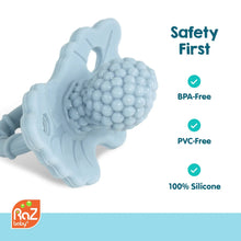 RaZberry silicone teether toy, light blue textured berry on a greenish handle.