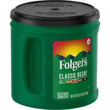 Folgers Classic Decaf ground coffee canister, side label and seal visible