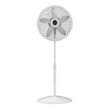 White pedestal fan with centered circular wire grille and round base