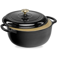 Black enamel cast-iron Dutch oven with glossy lid, dual handles, and brass-tone knob