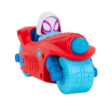 Red and blue racer vehicle with hooded Spider-face driver and blue wheels