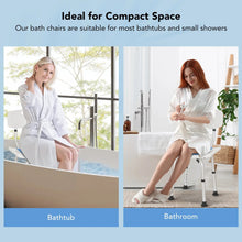 Adjustable shower chair with backrest and blue padded seat for compact bathtub use