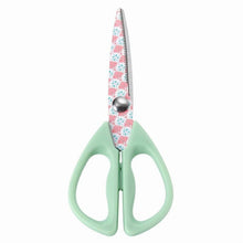 All-purpose scissors with mint handles and floral patterned stainless blades