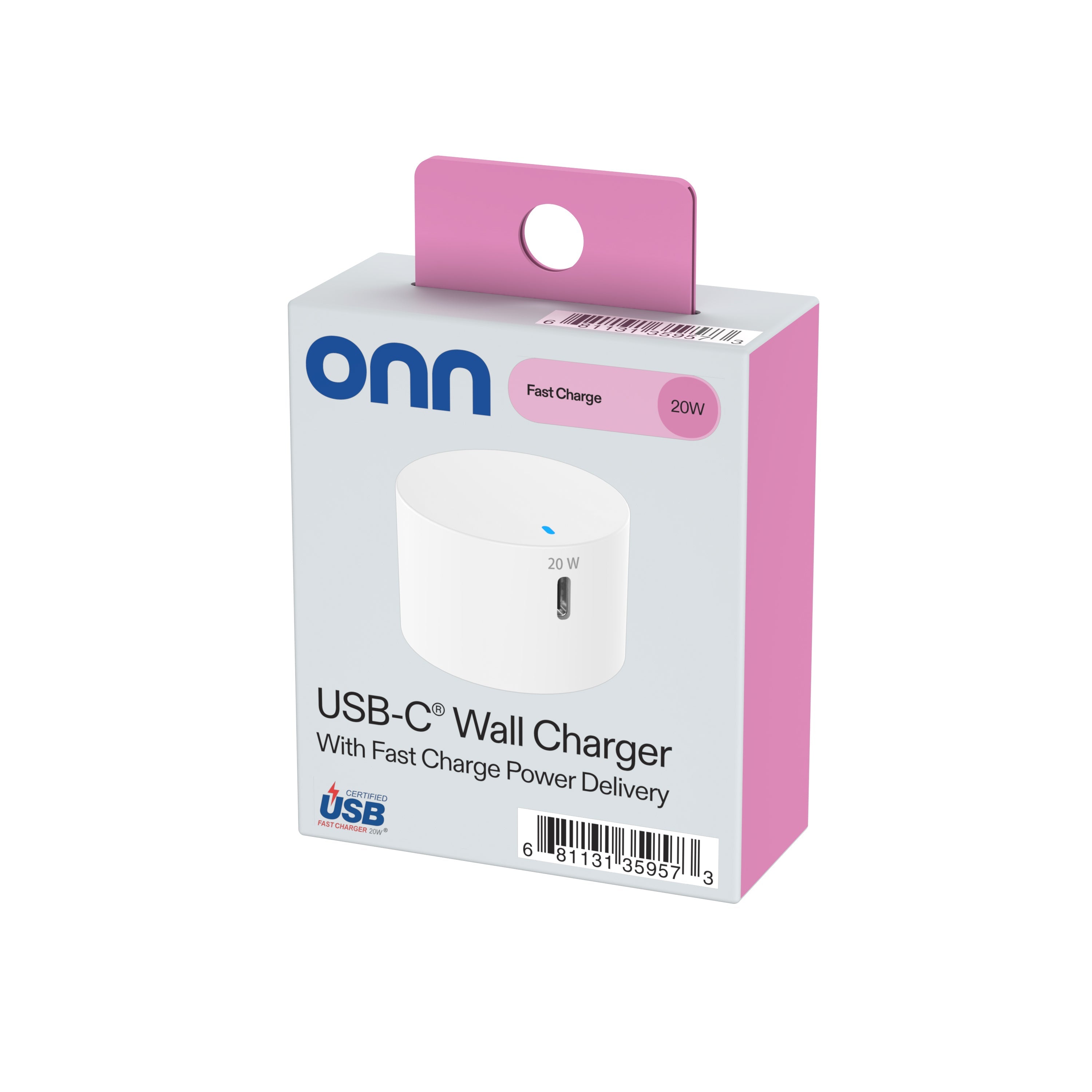 onn 20W Single USB-C Port Wall Charger, Fast Charging, USB-IF Certified, Foldable Plug, White - Compatible with iPhone 17/16/15 Series, Samsung Galaxy, Note, Pixel Devices iPad Pro, & More