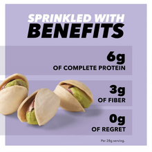 Pistachio snack benefits panel card showing “Sprinkled with Benefits” and protein fiber amounts