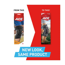 Black hinged knee brace packaging with adjustable strap design shown